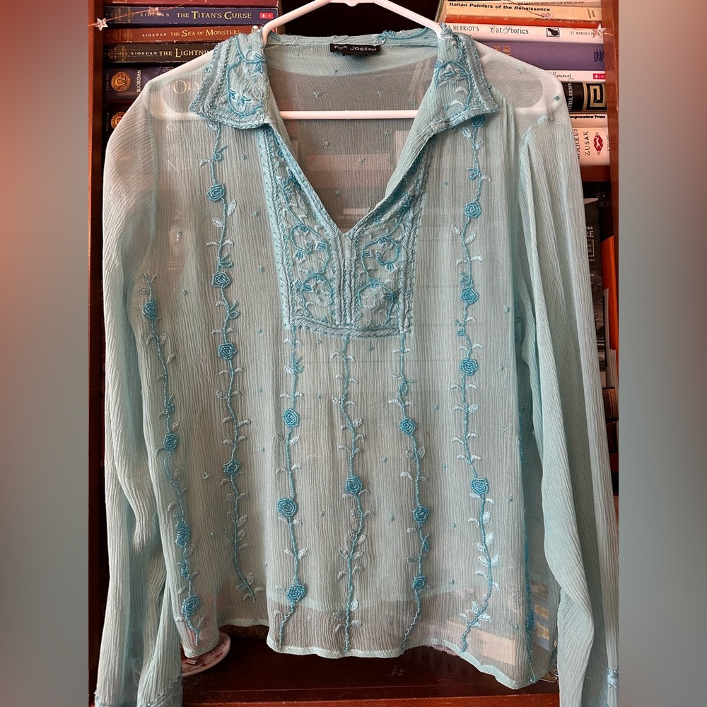 Women’s For Joseph 100% Silk Turquoise Beaded Blouse. Size L.